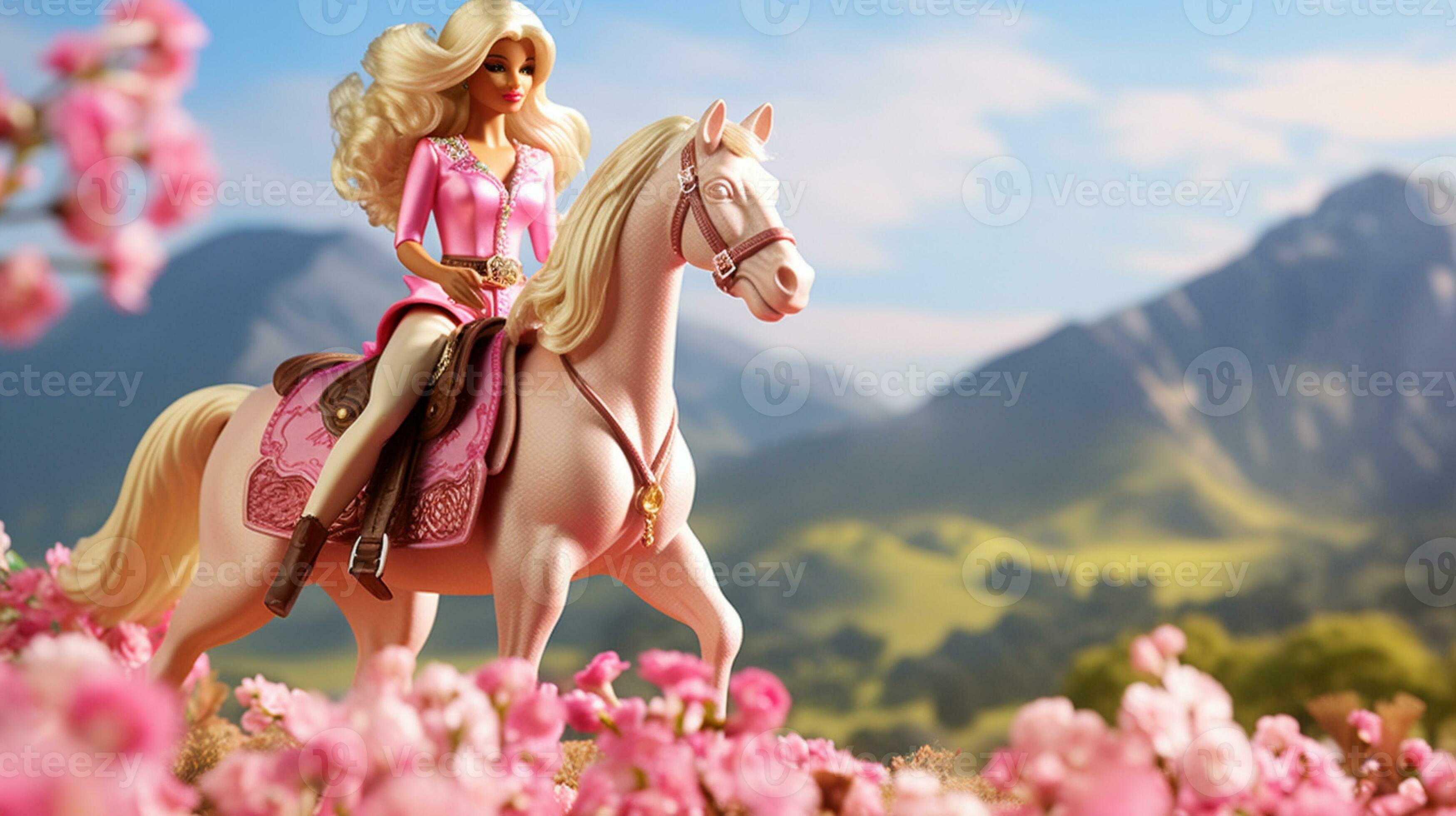 Barbie boneca equitação uma cavalo dentro uma campo do flores generativo  ai. 28463296 Foto de stock no Vecteezy
